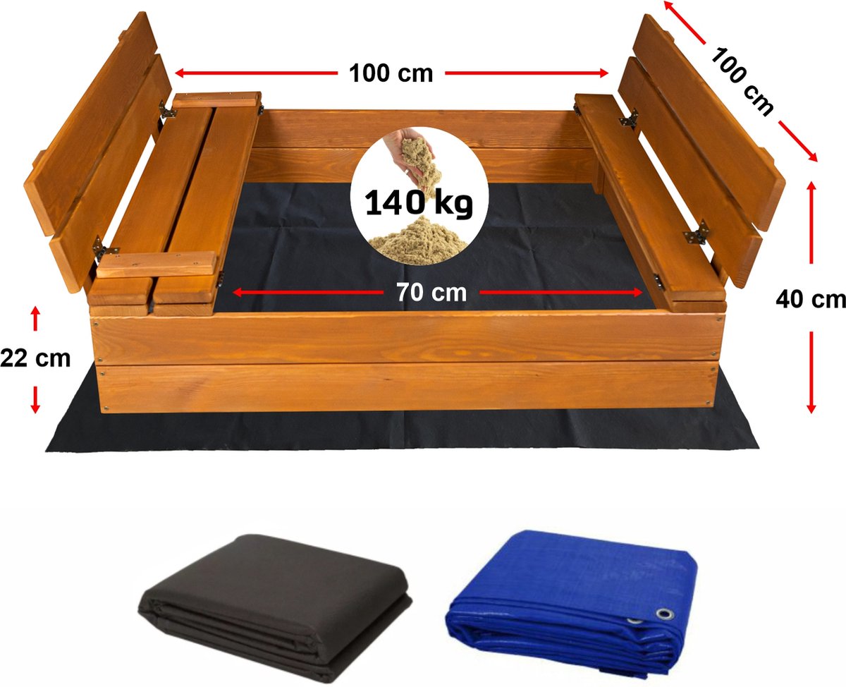 Afsluitbare Zandbak met Banken 100x100 cm – GECERTIFICEERD & GEÏMPREGNEERD HOUT | Incl. Afdekzeil & Gronddoek | Voor 1 Kind — afbeelding 7