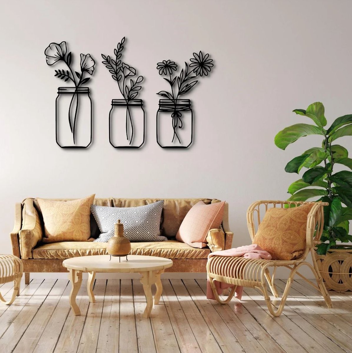 Bloemen muurdecoratie 3 stuks - Wanddecoratie - Deco - Zwart - Hout - Decoratie - Art - Muurdecoratie - Line art - Wall art - Wandborden - Bohemian - kerst - kerstcadeau - wandecoratie woonkamer - kerstgeschenk - Moederdag cadeautje - Moederdag
