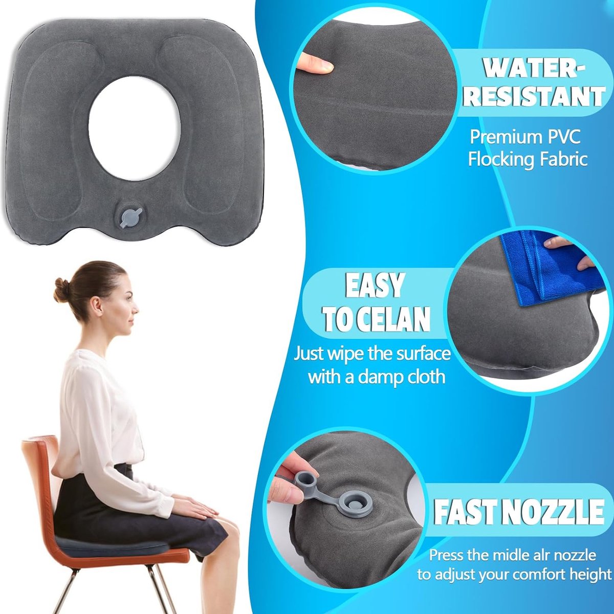 WIYETY Orthopedisch kussen, opblaasbaar zitkussen, opblaasbaar donutkussen met pomp, opblaasbaar kussen in de vorm van een donut voor kantoor, voor lang zitten, zacht, grijs WIYETY Orthopedisch kussen, opblaasbaar zitkussen, opblaasbaar donutkussen met pomp, opblaasbaar kussen in de vorm van een donut voor kantoor, voor lang zitten, zacht, grijs