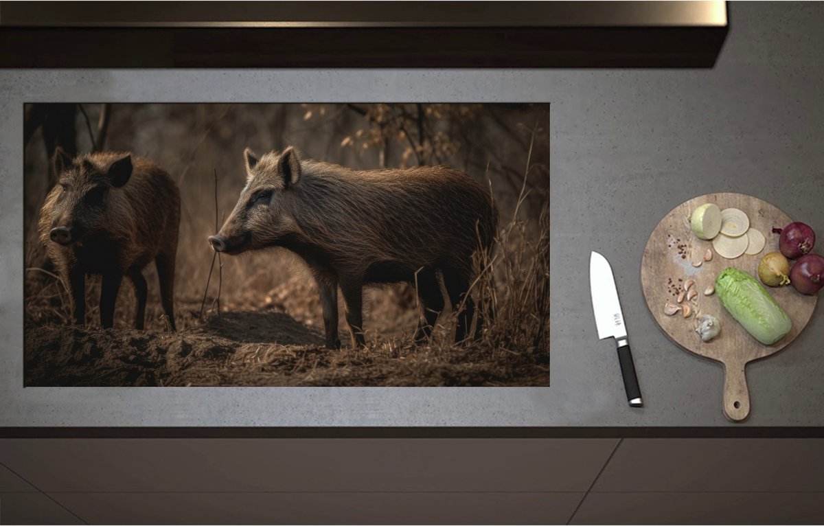 Inductieplaat Beschermer - Bruine zwijnen in een bos omgeving - 95x52 cm - 2 mm Dik - Inductie Beschermer - Bescherming Inductiekookplaat - Kookplaat Beschermer van Wit Vinyl