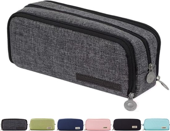 LIXIN Etui - Grijs - Pennenzak voor jongens en meisjes - Canvas - Linnen - Grote capaciteit - School etui - Etui voor kinderen en volwassenen - School - Terug naar school - Back to school - Leuke telescopishe pennenhouder - Leuk etui