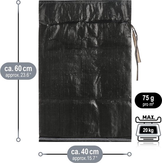 10 x zandzak tot 20 kg, premium PP-zak met bevestigingsband, extreem robuuste stoffen zak met koord, bescherming tegen overstromingen (zwart, 10 stuks, tot 20 kg) van Noorbase — afbeelding 2