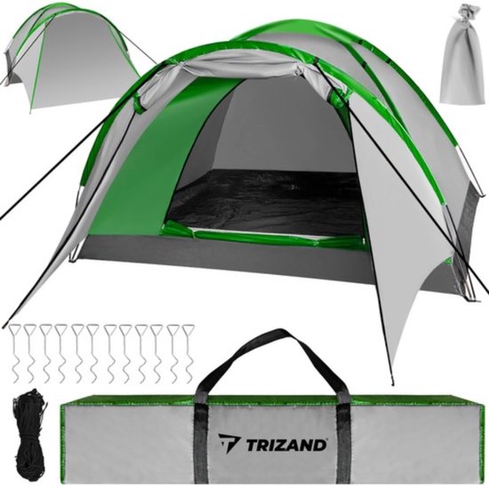 Een complete Trizand 4-persoons tentenset: grijze tent met groene accenten, opbergtas, haringen, touwen en een zakje.