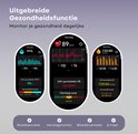Smartwatch met scherm dat hartslag, saturatie en bloeddruk toont. "Uitgebreide Gezondheidsfunctie".
