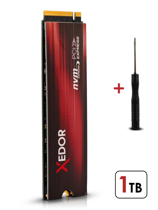 XEDOR SSD met rode strepen, een schroevendraaier en een '1TB' label.