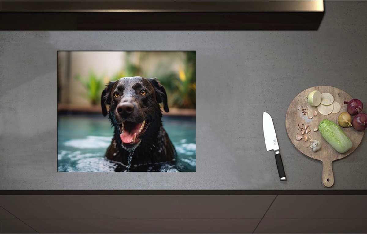 Inductieplaat Beschermer - Bruine labrador komt met zijn kop boven water na het zwemmen - 57x50 cm - 2 mm Dik - Inductie Beschermer - Bescherming Inductiekookplaat - Kookplaat Beschermer van Zwart Vinyl