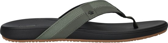Reef slipper met olijfgroene band, zwarte zool en bruine loopzool.