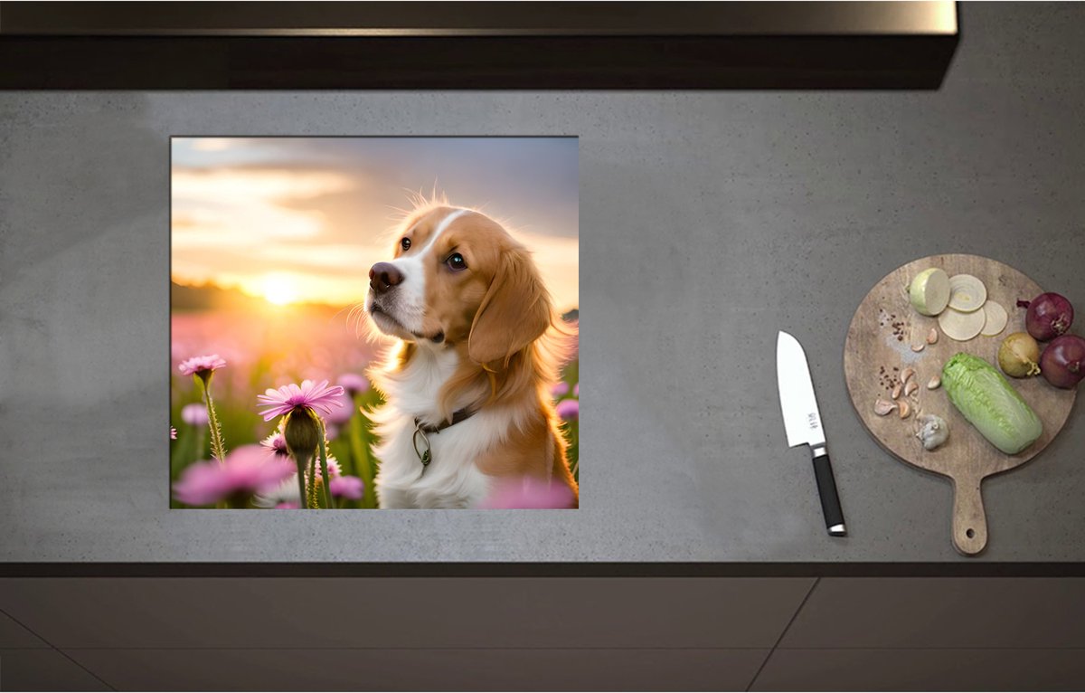 Inductieplaat Beschermer - Bruin met Witte Hond in Veld Vol Roze Bloemen met Zonsondergang - 57x52 cm - 2 mm Dik - Inductie Beschermer - Bescherming Inductiekookplaat - Kookplaat Beschermer van Zwart Vinyl