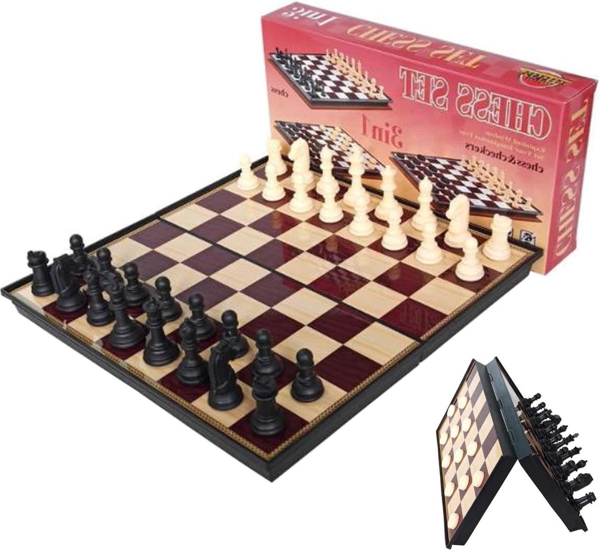 3-in-1 Magnetisch Schaakspel Opvouwbaar Schaakbord - Hout - Reizen - Backgammon Dameset - Kinderen