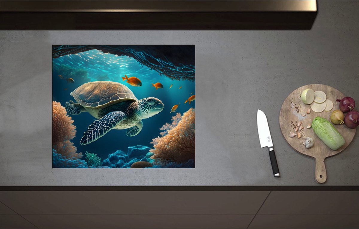 Inductieplaat Beschermer - Cartoon van Zeeschildpad Zwemmend in Grotten op Zeebodem - 60x52 cm - 2 mm Dik - Inductie Beschermer - Bescherming Inductiekookplaat - Kookplaat Beschermer van Zwart Vinyl