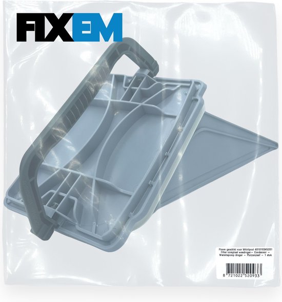 Een grijs filterhuis met handvat in een doorzichtige plastic verpakking met FIXEM logo.