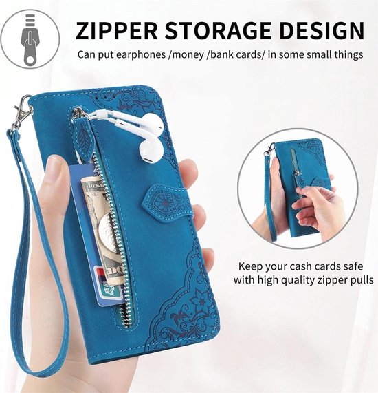 Convient pour Oppo Reno 12 Pro 5G - Book Case - Étui porte-cartes multifonctionnel avec fermeture éclair - Blauw