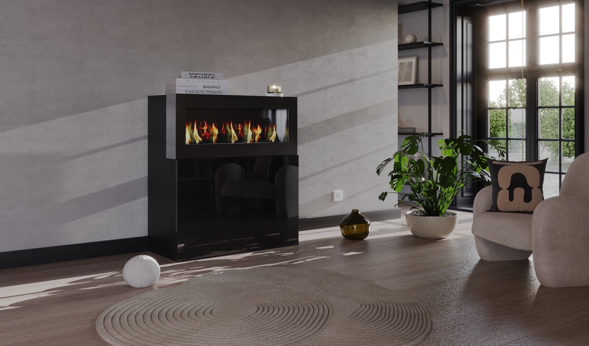 Meubel Square - Dressoir URBANO met bio ethanol sfeerhaard - Hoogglans Zwart - kast met open haard - Niet elektrisch
