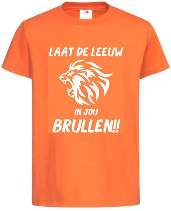 T-shirt Kinderen "Laat de Leeuw in jou Brullen!!" Op Voorkant EK Voetbal Europees Kampioen Kampioenschap Oranje Koning Koningsdag | korte mouw | Oranje/wit | maat 98/104