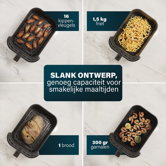 Vier afbeeldingen die de capaciteit van de Princess heteluchtfriteuse tonen: 16 kippenvleugels, 1,5 kg friet, 1 brood en 300g garnalen.