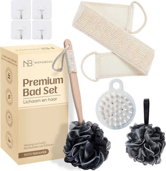 Foto: Novabeau luxe exfoli rende badset met loofah net lichaamsbortel met badspons shampoo brush scrubhandschoen houten lichaamborstel met loofah bal van houtskool rug scrubber huidborstel doucheborstel badborstel rugborstel