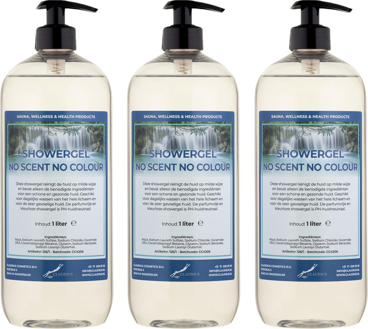 Goedkoopste Douchegel No Scent, No Colour 1 liter - set van 3 stuks - met gratis pomp - Showergel