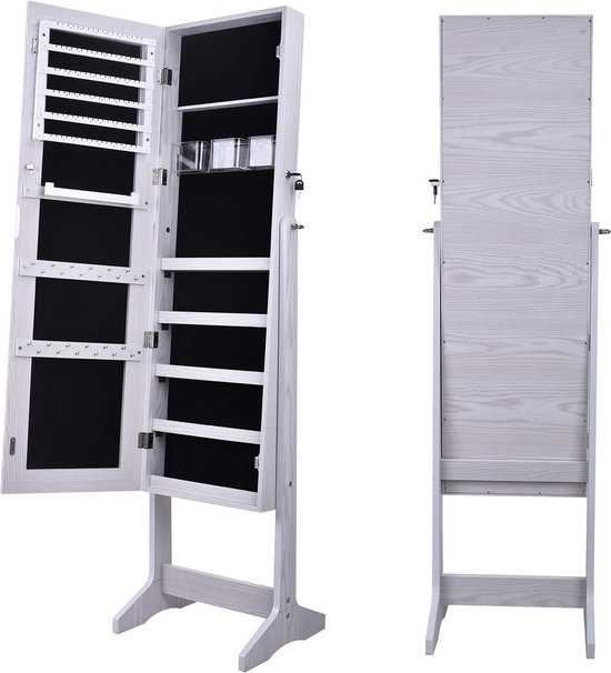 Hzuaneri Sieradenkast met lichtlijst, spiegel, staande sieradenkast met kledingstandaard, beweegbare full-body spiegel met wielen, afsluitbare opbergvakken met haken, wit JC17103B