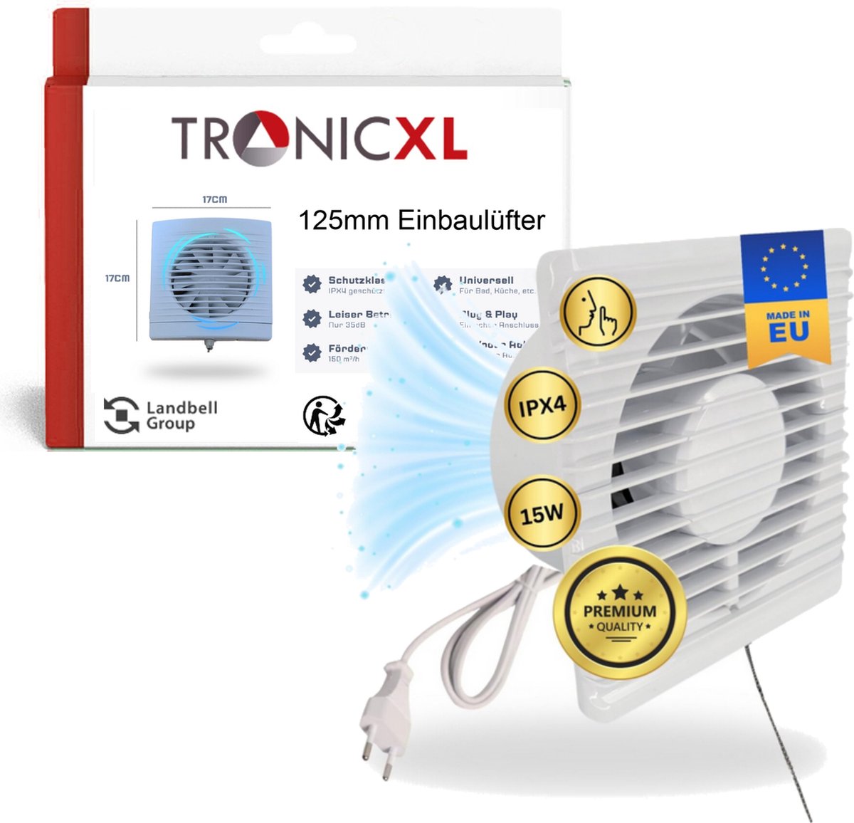 TronicXL 230V Badkamerventilator met kabelschakelaar en stekker IPX4 - 125mm afvoer en toevoerlucht ventilator - voor toilet - WC - kelder – keuken – Badkamer – Garagen installatie en meer