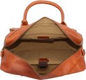 Open bruine leren tas met twee hengsels en een binnenvak met sluitingen.