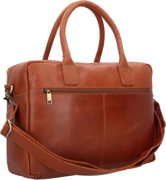 Bruine leren laptoptas met een draaghengsels en een verstelbare schouderband.