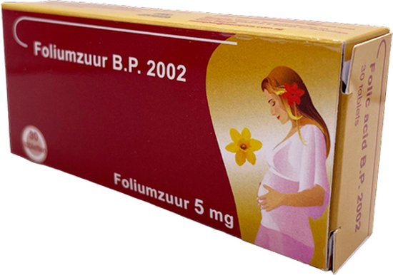 Doosje Foliumzuur B.P. 2002, 5 mg, met afbeelding van zwangere vrouw en bloem.