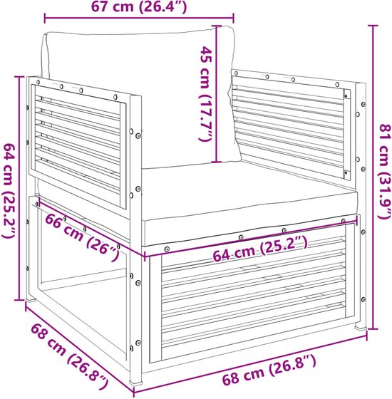 Afmetingen van de tuinstoel met kussens: breedte 67 cm, diepte 66 cm, hoogte 81 cm. Zitdiepte 64 cm, zithoogte 45 cm.