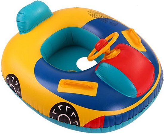 Foto: Playos zwemband auto met stuur geel blauw met zitje handvatten rugleuning peuter en baby zwemring babyzwemband babyfloat zwemtrainer opblaasbaar zwemstoel opblaasbare rubberboot rubber bootje