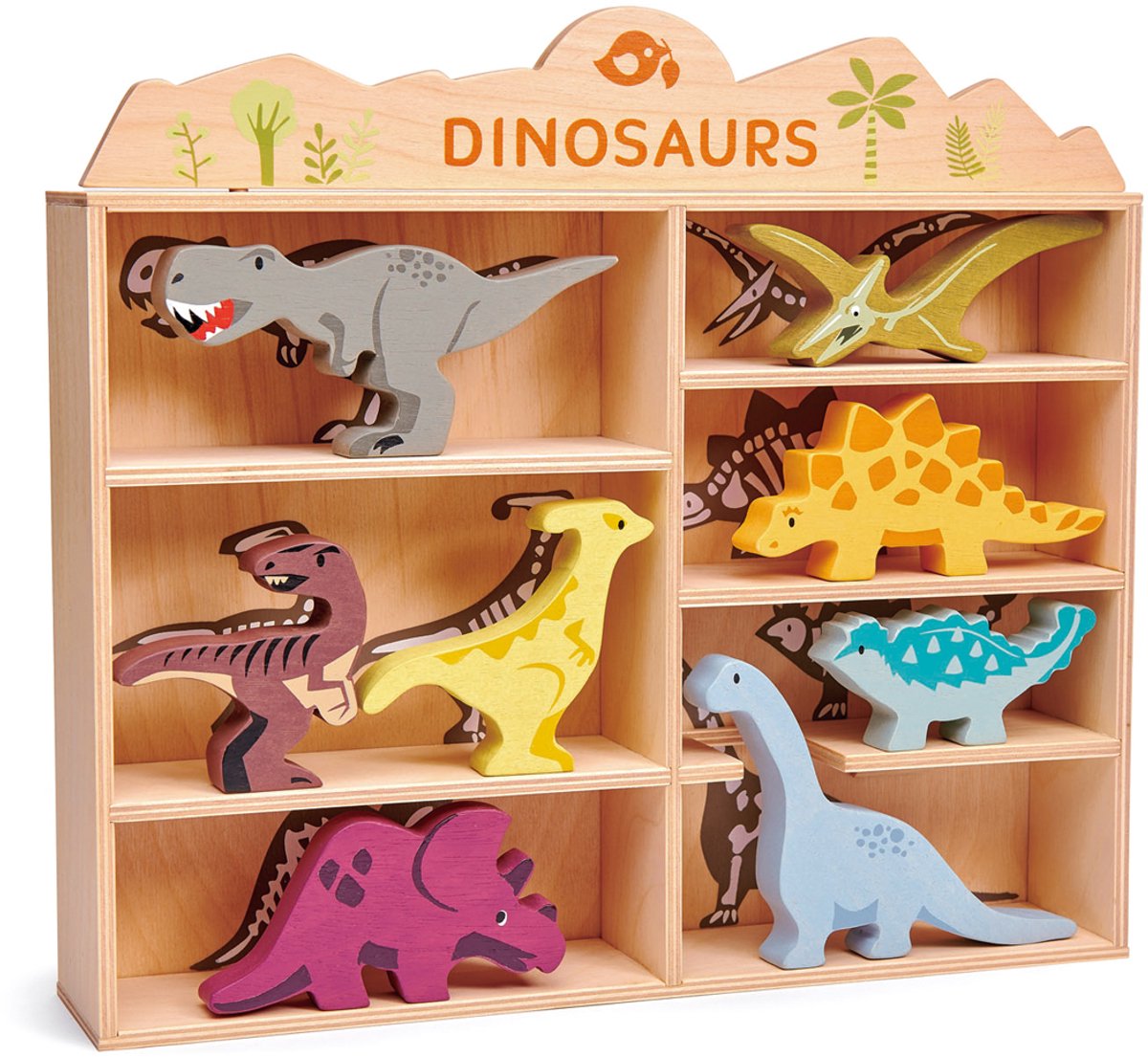 TENDER LEAF Houten Dieren - Set Dinos - 8 Verschillende Figuren - Met Display Plank - 3 Jaar