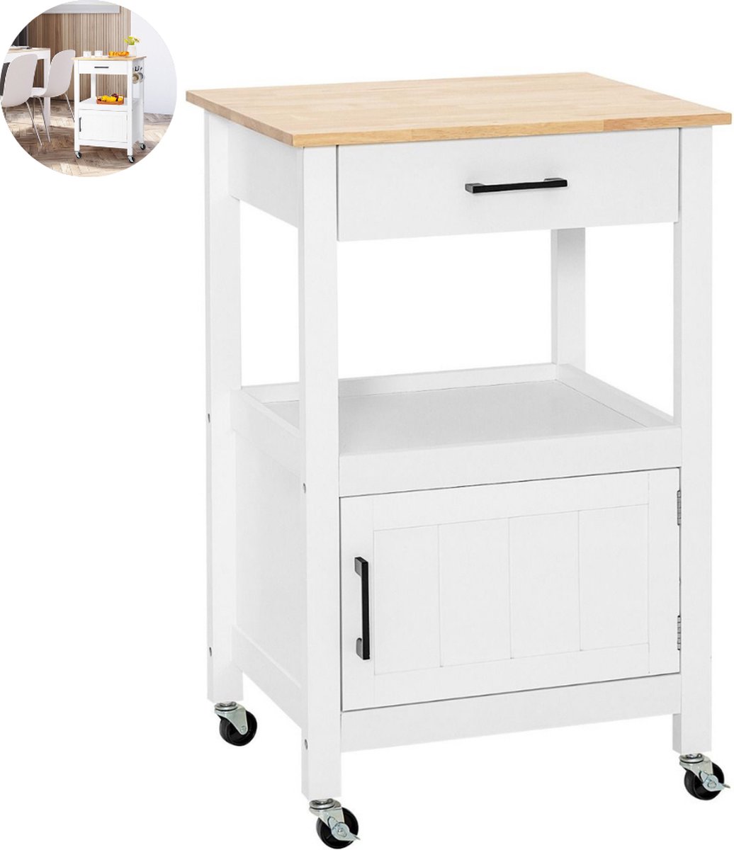 Bol.com Keukeneiland - Verplaatsbaar - Keukenkast - Dressoir - Organizer - Houten Werkblad - 1 Deur - Wit aanbieding