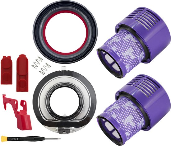 Foto: Dyson v10 reparatie en onderhoudsset filters stofbakdeksel bovenste afdichtingsring snelontgrendelknoppen aan uit knop vergrendeling