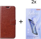 Bookcase Geschikt voor: Samsung Galaxy A05 Bruin - Portemonnee hoesje met 2 stuk Glas Screen protector - Book Cover