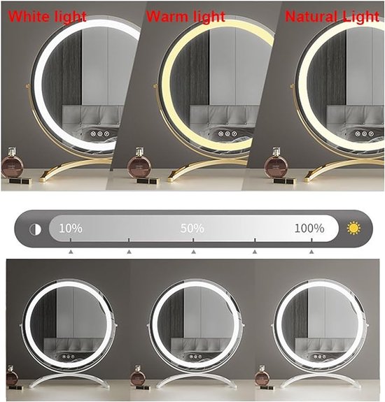 Gouden make-upspiegel met LED verlichting, met witte, warme en natuurlijke lichtopties.