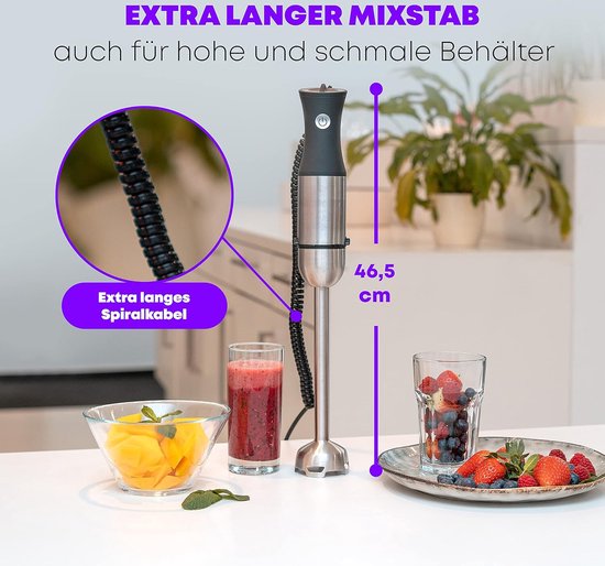 Stafmixer 1000 Watt Roestvrij Staal met Extra Lange Steel en Snelheidsregeling van Merkloos — afbeelding 4