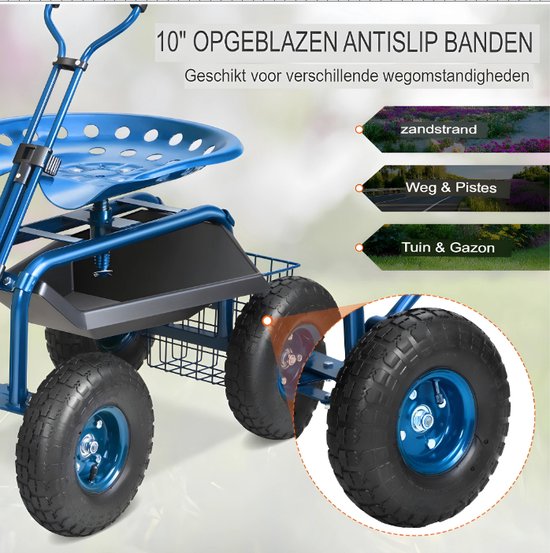 Rollende tuinwagen gazon tuin patio werkstoel tuinkruk kar, verstelbare 360° draaibare stoel buiten (maat: breder 3 banden