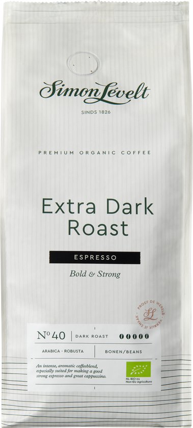 Witte koffieverpakking van Simon Lévelt, Extra Dark Roast Espresso. Premium Organic Coffee. Nº40 Dark Roast 00000, Arabica-Robusta Bonen/Beans.