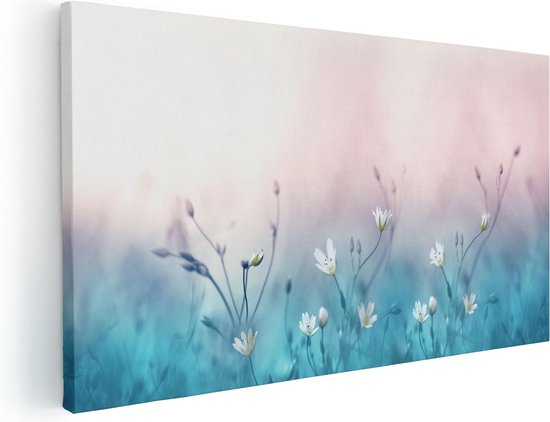 Artaza - Canvas Schilderij - Witte Bloemen Op Een Blauw Achtergrond - Foto Op Canvas - Canvas Print