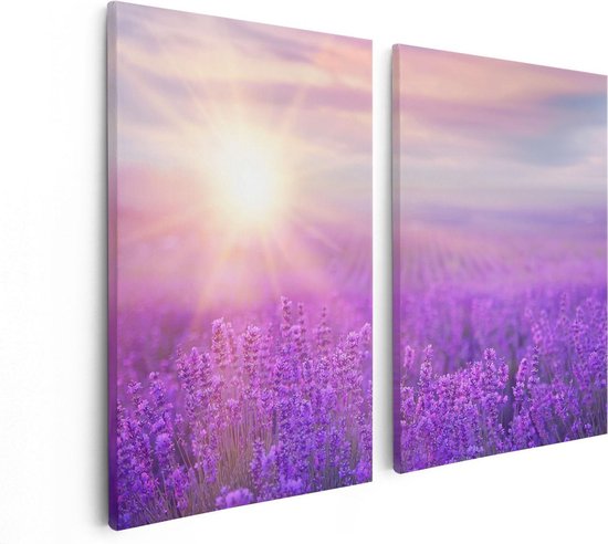 Artaza Canvas Schilderij Tweeluik Bloemenveld Met Paarse Lavendel  - 80x60 - Foto Op Canvas - Canvas Print