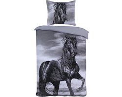 Husch Dekbedovertrek - Fries Paard - 140x200/220 - Zwart/Grijs