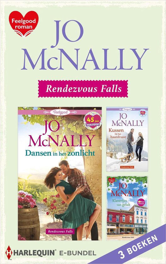Een vrouw in een groene jurk danst met een man in een geruit overhemd in het zonlicht. Rechts twee kleinere boeken met een stel bij een haardvuur en een stel bij een gebouw.