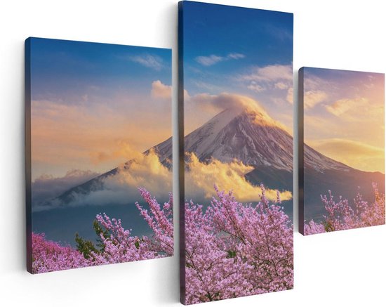 Artaza Canvas Schilderij Drieluik Fuji Berg Met Roze Bloesembomen - Bloemen - 90x60 - Foto Op Canvas - Canvas Print