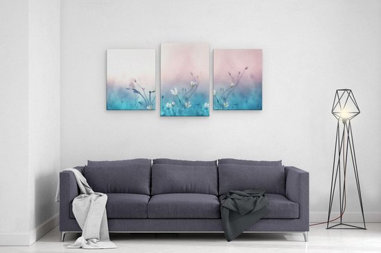Artaza - Triptyque de peinture sur toile - Fleurs Witte sur fond Blauw - 120x60 - Tableau sur toile - Impression sur toile
