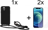 iPhone 11 Pro Max hoesje met koord zwart siliconen case - 2x iPhone 11 Pro Max screenprotector