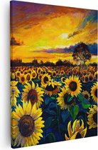 Artaza Canvas Schilderij Getekende Zonnebloemen Veld Met Olieverf - 80x100 - Groot - Foto Op Canvas - Canvas Print