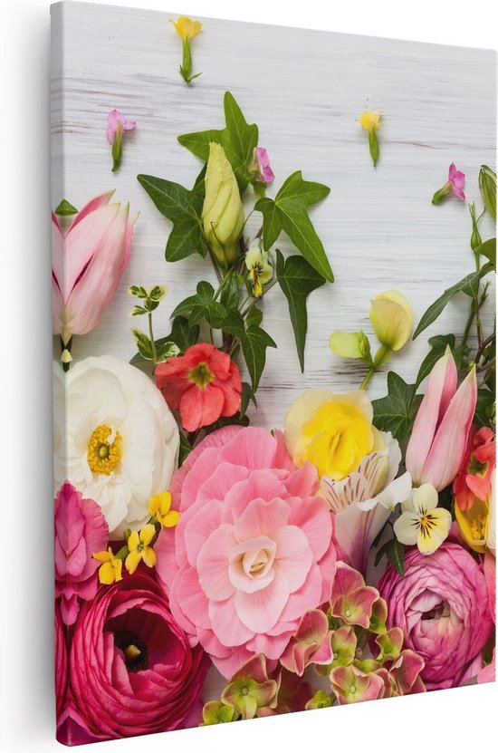 Artaza Canvas Schilderij Bloemen Op Een Witte Houten Achtergrond - 80x100 - Groot - Foto Op Canvas - Canvas Print