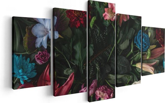 Artaza Canvas Schilderij Vijfluik Kleurrijke Bloemen Met Groene Bladeren - 100x50 - Foto Op Canvas - Canvas Print