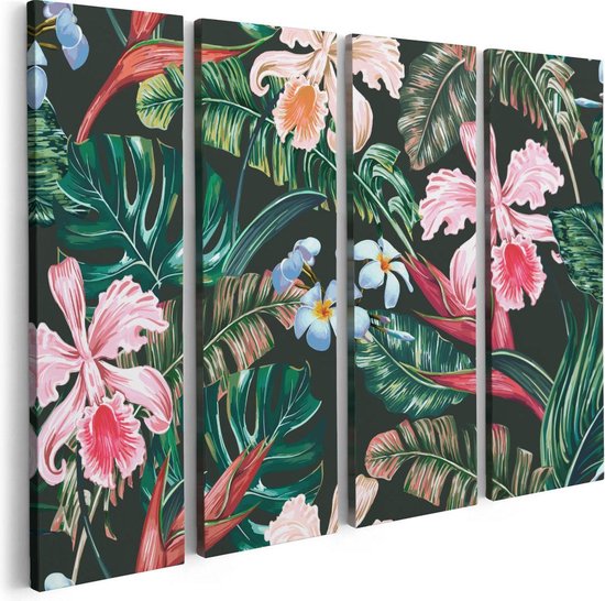 Artaza Toile Peinture Quadrutyque Dessiné Fleurs Tropicales - Abstrait - 80x60 - Photo Sur Toile - Impression Sur Toile