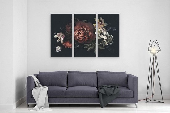Artaza - Triptyque de peinture sur toile - Fleurs sur fond Zwart - 120x80 - Photo sur toile - Impression sur toile
