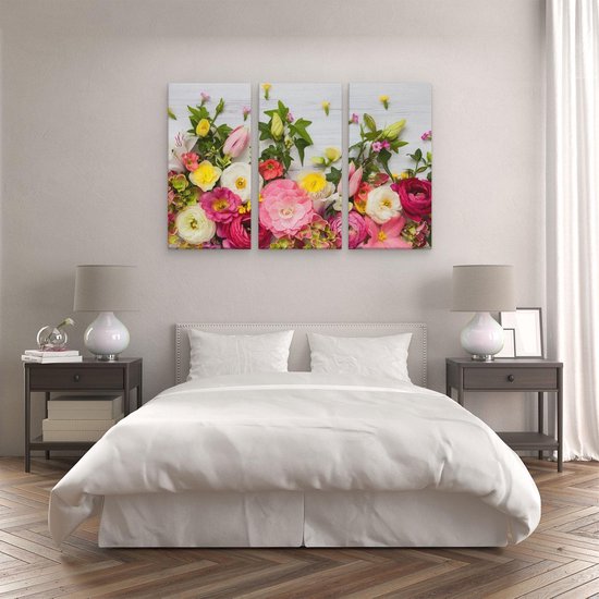 Artaza Toile Peinture Triptyque Fleurs Sur Fond De Bois Witte - 120x80 - Tableau Sur Toile - Impression Sur Toile
