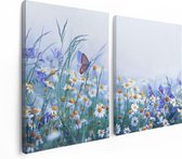 Artaza Canvas Schilderij Tweeluik Witte Kamille Bloemen Met Een Vlinder - 120x80 - Foto Op Canvas - Canvas Print